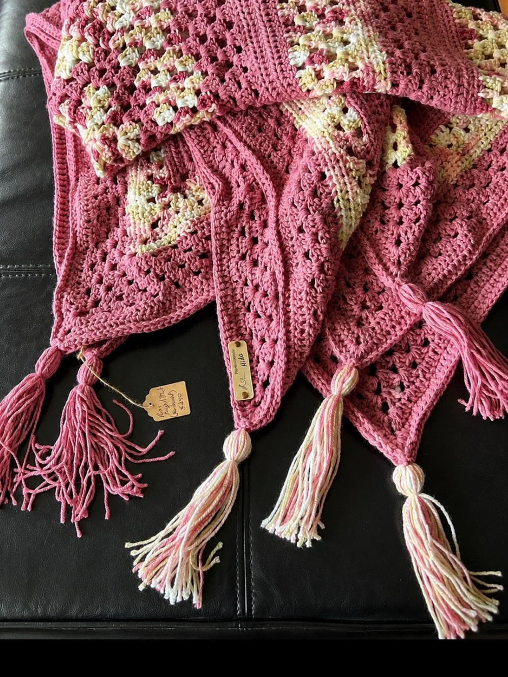 NWT Handcrafted Artisan Oversized Crochet Hexagon Afghan Blanket 86” dusty rose